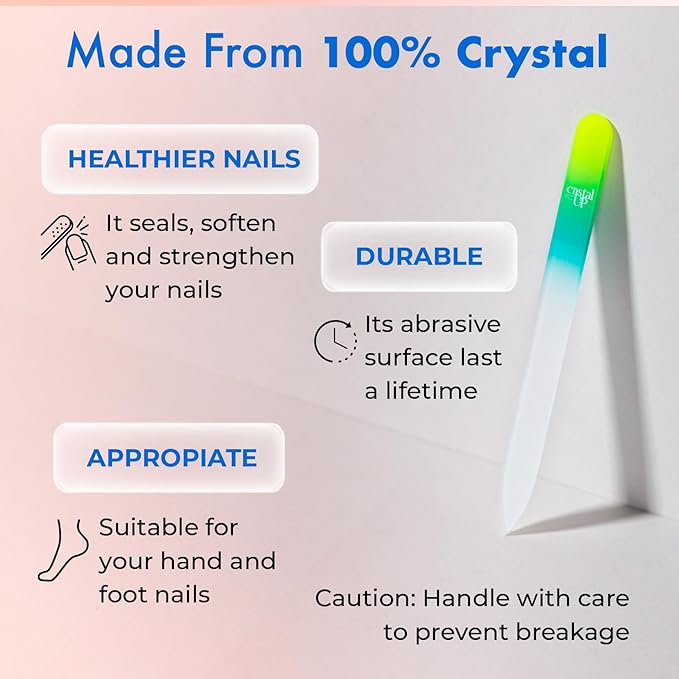 Starter Crystal Nail Set Care - 3PC Includes Glass Foot Scraper, Medium Crystal Nail File, and Cuticle Stick for Natural Nails, Glass Nail File Kit