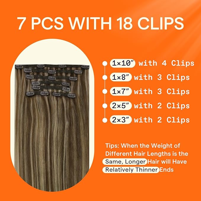 Full Shine Clip in Human Hair Extensions Highlights Brown Mix Honey Blonde Remy Clip in Hair Extensions Double Weft Brazilian Hair Straight Hairpiece Thick Ends 20 Inch 7 Pcs 120 G