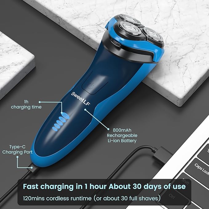 SweetLF Electric Shaver for Men, 3D Rotating Head, USB C Fast Charging, IPX7 Waterproof,Mens Razors with Pop Up Trimmer, Cordless Electric Razor for Men