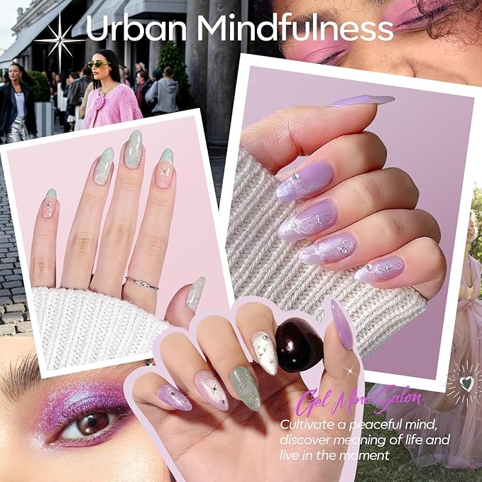 Modelones Spring Gel Nail Polish Kit with U V Light, Clear Cat Eye Jelly Pink Purple Green Manicure Set with Base Top Coat Lucky Gems Stickers 4 Colors Gel Mini Salon Nail Art Starter Gift for Women