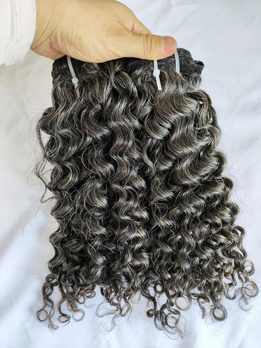 Curly Raw Human Hair Bundles Salt and Pepper Gray Jerry Curly Grey Raw Hair Bundles 50% Grey Mixed Black Color 14 Inches 2 Bundles Virgin Hair Weave Extensions Can be Dyed and Styled by Clytie