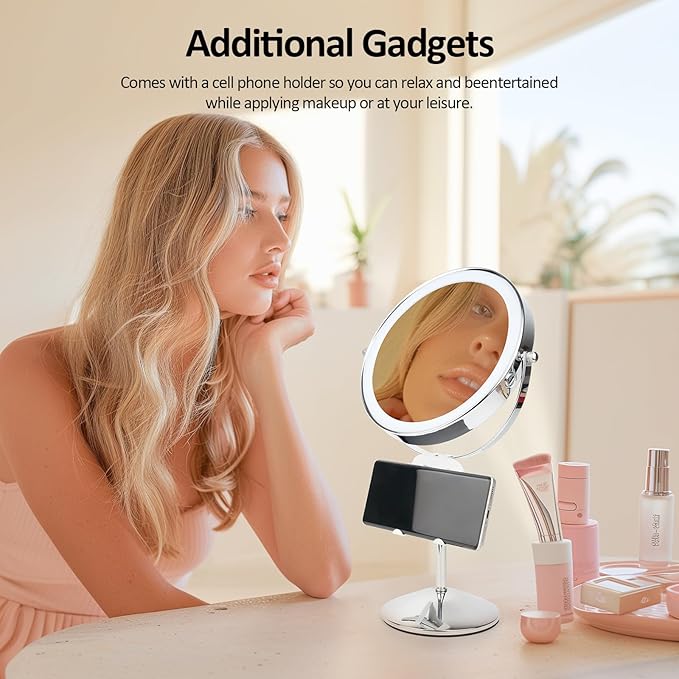 8" Makeup Mirror with Lights, Rechargeable 1x/10x Magnifying Mirror with 3 Colors, 360° Rotation Double Sided Rechargeable Desk Cosmetic Mirror, Touch Dimming LED Lighted Makeup Mirror