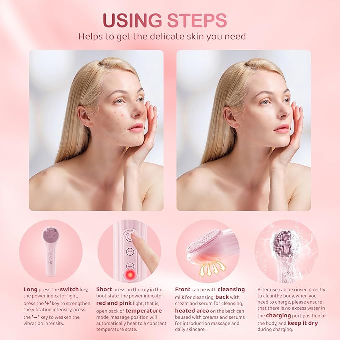 Electric Face Scrubber, Silicone Facial Cleansing Brush Rechargeable, Cleansing, Facial Scrub Exfoliator for Women Men, Waterproof Face Scrub Brush for Exfoliating, Pink