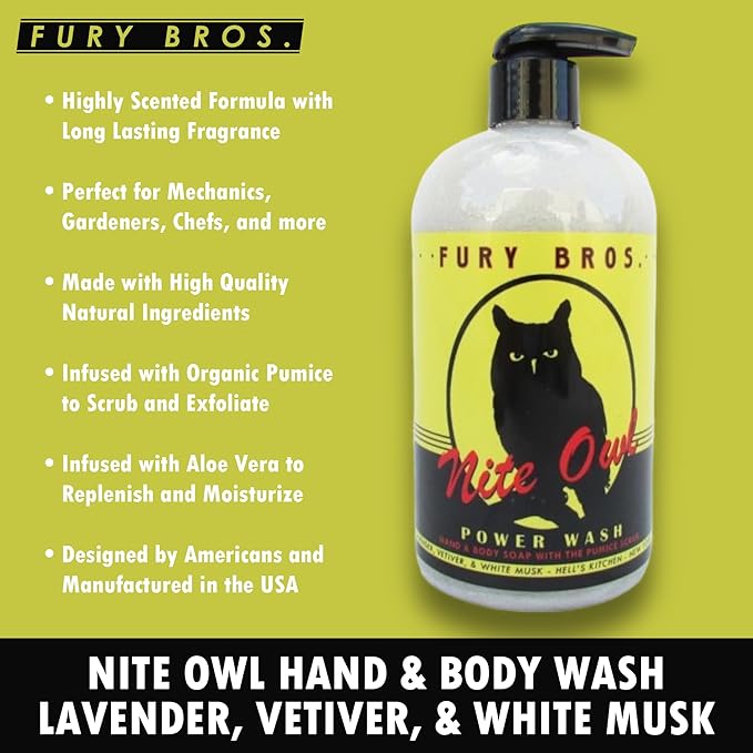 Premium Power Wash | Nite Owl | Lavender Vetiver White Musk | Hand & Body Wash | Exfoliating Pumice | Moisturizing Aloe Vera | Highly Scented | Made in USA | 16 oz | Dad Men Bath
