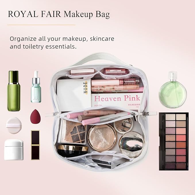 Travel Makeup Bag,Large Capacity Cosmetic Bags for Women, PU Leather Waterproof Portable Pouch Open Flat Toiletry Bag Make up Organizer with Divider and Handle (pink)