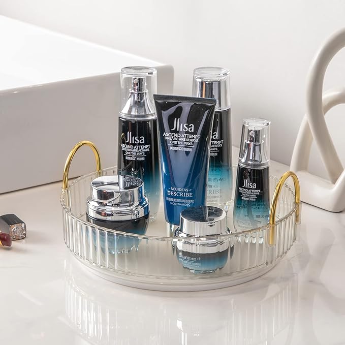 360° Rotating Makeup Organizer, Bathroom Make Up Spinning Holder Rack, Large Capacity Cosmetics Storage Vanity Shelf Countertop, Fits Cosmetics, Perfume, Skincare, Lipsticks(1 Tier, Clear)