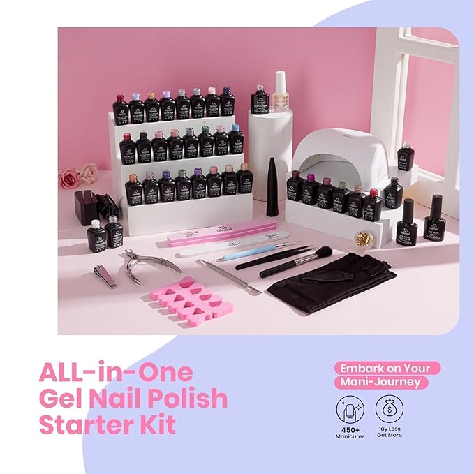 Beetles Gel Nail Polish Set With UV Light - 53Pcs Starter Kit, 32 Spring Colors, Pink Burgundy Red Glitter, Builder Blooming Gel, Manicure Kit Gifts for Women