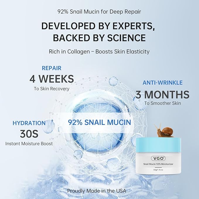 VGO Snail Mucin 92% Face Moisturizer – Anti Aging, Skin Repair & Hydrating Face Cream with Ceramide & Vitamin E, 1.76 oz