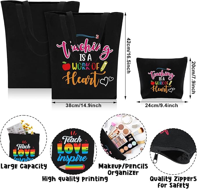 Oudain 8 Pcs Teacher Appreciation Gifts for Women Graduation Gifts Canvas Tote Bag Cosmetic Toiletry Canvas Makeup Bags with Zipper for Teacher Birthday Farewell Parties