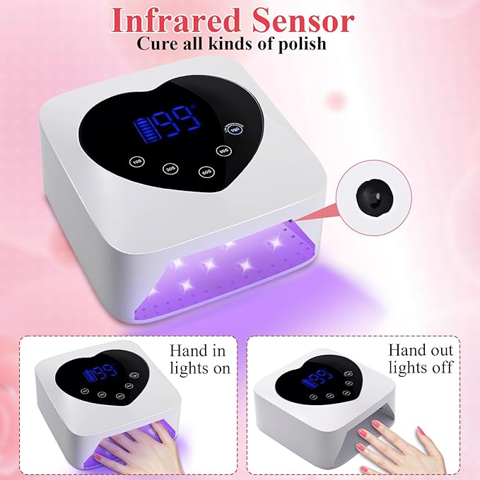 Cordless UV Led Nail Lamp, 72W UV Nail Light for Nail Polish, Rechargeable Nail Dryer, Heart Nail Lamp with 5 Timer and LCD Display, Professional Nail Lamp for Valentines Day Gifts and Nail Salon