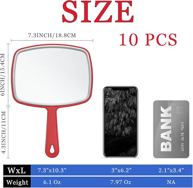 Qunclay 10 Pcs Large Hand Mirror Handheld Mirror with Handle Multi Purpose Barber Mirror with Distortion Free Reflection for Vanity Makeup Salon Travel Use (Multicolor,7.3'' W x 10.3'' L)