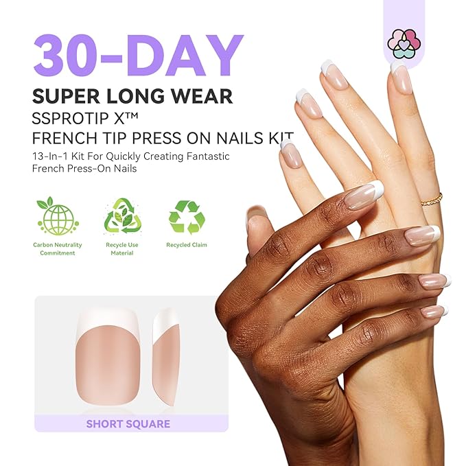 SAVILAND French Tip Acrylic Press On Nails Kit: In-Minute Long Wear & Easy French Acrylic Press-ons & Thick Short Square White Tip 150PCS Pro Acrylic Nail Kit Powder Monomer Liquid 3-Way Salon Gift