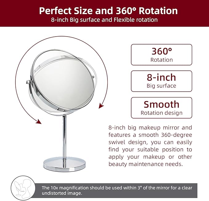 15" Tall Classic Round Desktop Makeup Mirror with Magnification, 8" Large Double-Sided 360° Swivel Free Standing Vanity Mirror, 1X/10X Magnifying Mirror with Stand for Bathroom & Bedroom, No Light