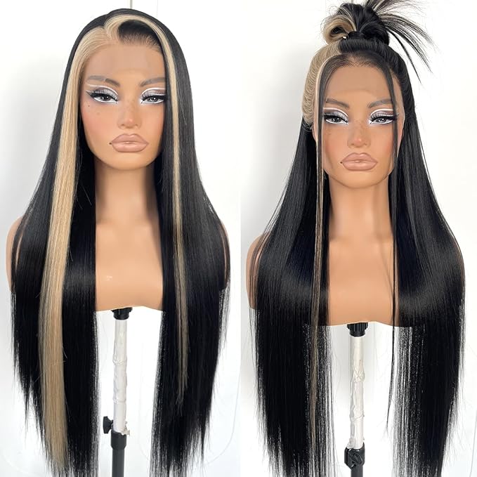 13x6 Glueless Skunk Stripe Straight Wig Black And White Highlight Lace Front Wig Pre-Plucked Yaki Synthetic Grey HD Lace Front Wig 32inch
