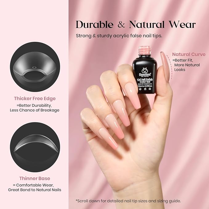 Beetles Gel Nail Kit 600Pcs Long Coffin Nail Tips with Pink Gel Polish Top Coat,15 Sizes Soft Clear Press on Nails 5 In 1 Nail Glue Uv Lamp Easy Nail Extension Set for Women