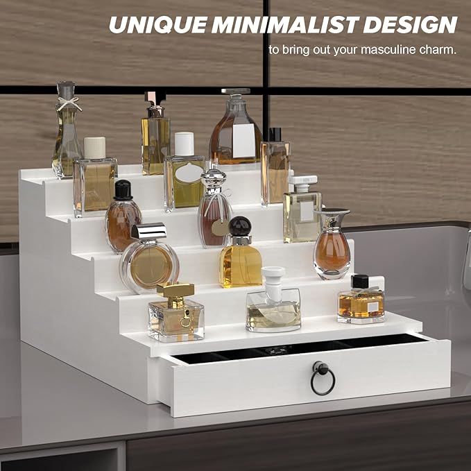 Cologne Organizer for Men, 5 Tier White Cologne Shelf, Perfume Stand with Drawer and Hidden Compartment Perfume Display Holder - A Gift for Men