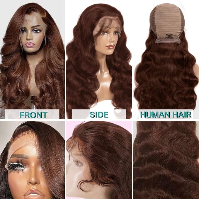 Azkiu Brown Body Wave Lace Front Wigs Human Hair Wigs HD Lace Front Wig Human Hair Pre Plucked with Baby Hair 150 Density Brazilian Virgin Transparent Lace Front Wig Colored (22 Inch)