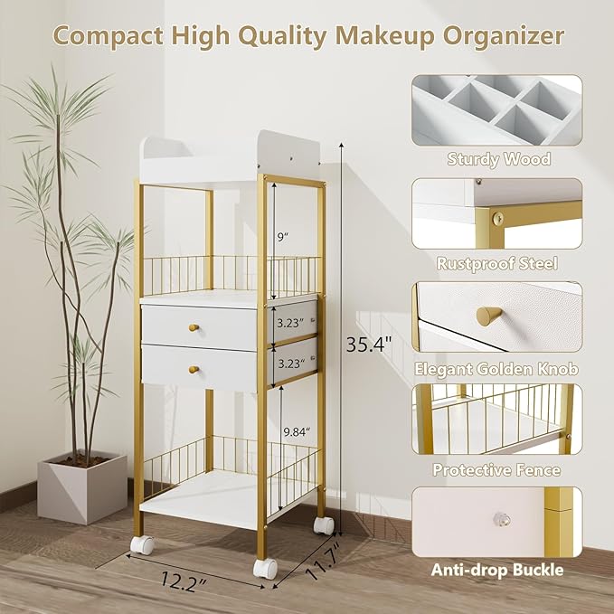 Makeup Organizer Cart Shelf Floor Skincare Organizers Make Up and Station Storage Cabinet For Vanity Standing Cosmetics With Drawers and Wheels For Nail Polish Perfume Hair Tool Holder Beauty(Gold)