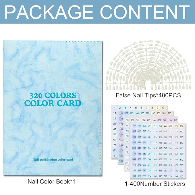 320 Nail Color Chart Book,Leather Nail Color Display Book with 480 Nail Tips & 1-400 Number Labels,Professional Nail Color Chart Display Book for Nail Polish Nails Art Design(Blue)