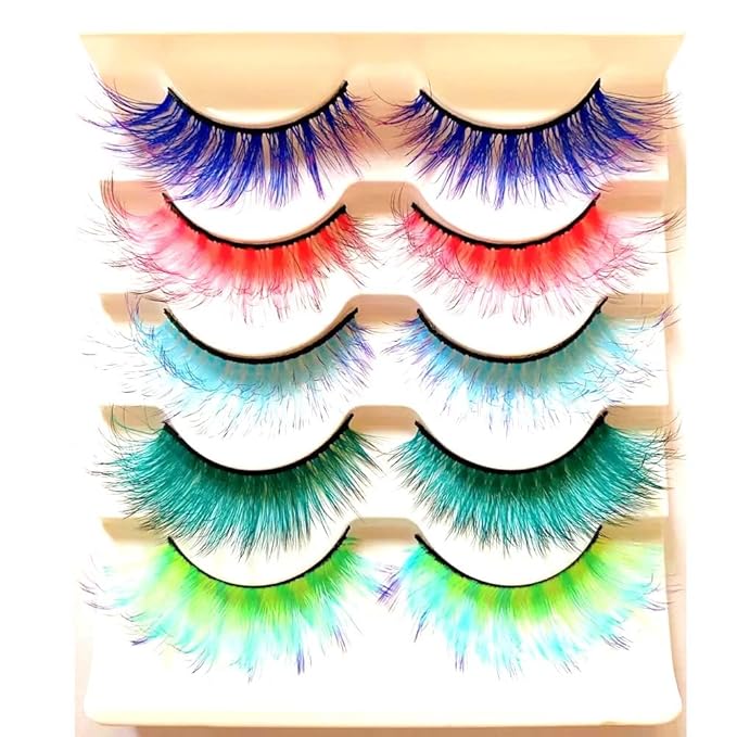 Sunniess Ombre Colored Lashes Silk Protein Fluffy Wispy Volume Fake Lashes for Halloweens Cosplay Party Stage Russian D Curl Lashes with Color Make up Faux Mink False Eyelashes 5 Pairs
