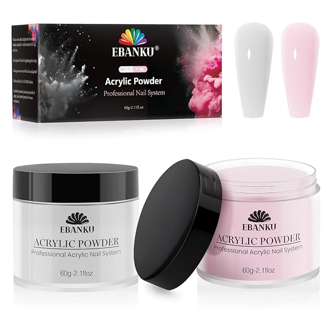 EBANKU Acrylic Nail Powder Set, 2 Colors Pink & White, Professional Powder for Nail Extension, Carving, Long-Lasting, No Lamp Needed, 2.1 oz