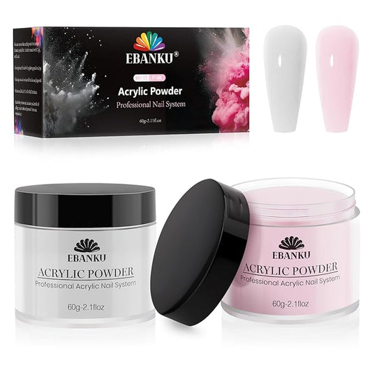 EBANKU Acrylic Nail Powder Set, 2 Colors Pink & White, Professional Powder for Nail Extension, Carving, Long-Lasting, No Lamp Needed, 2.1 oz