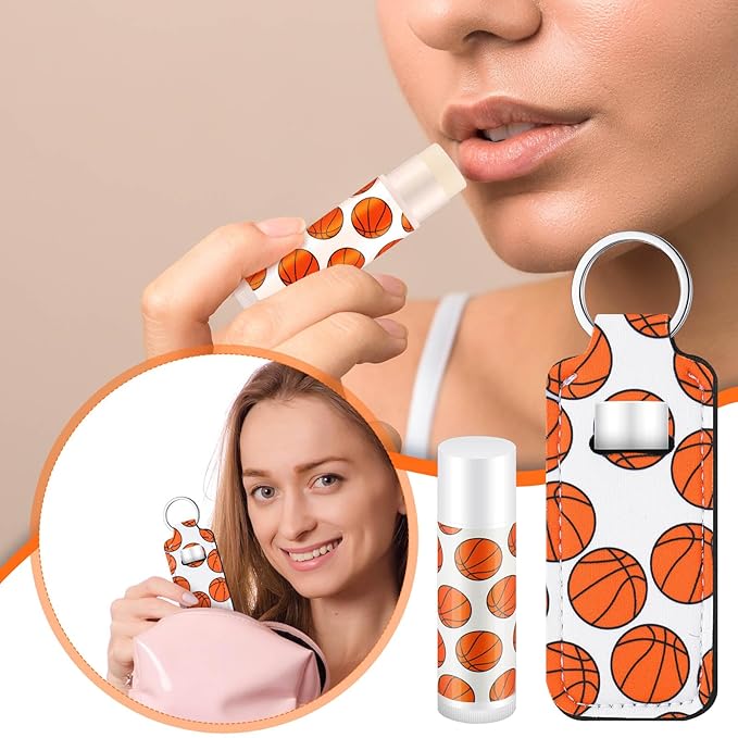 18 Sets Party Favors Lip Balm and Lipstick Holder Keychain Bulk Sport Ball Team Gifts Natural Moisturizing Lip Balm Keychains Pouch for Team Gifts Sports Party Supplies(Basketball)