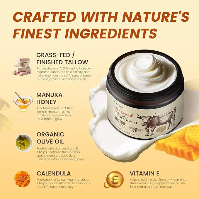 Beef Tallow for Skin 4oz, Whipped Beef Tallow and Manuka Honey Balm, Beef Tallow for Face and Body, Unscented Skin Care for Dry and Sensitive Skin, Natural Tallow Balm for Hydration and Nourishment