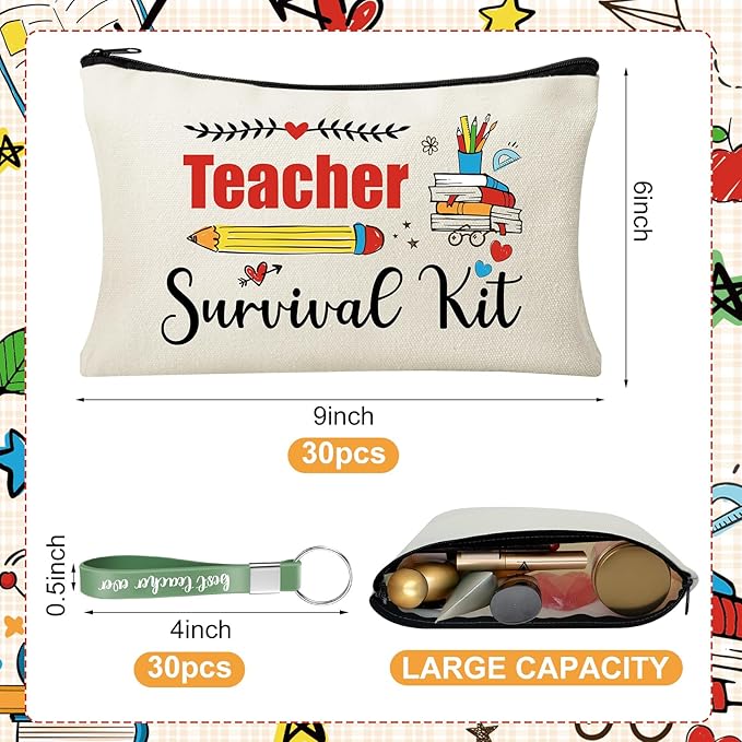 60pcs Teacher Appreciation Gifts Set，Teacher Survival Kit Canvas Makeup Bags for Women, Silicone Keychain Pouch Cosmetic Bag Travel Toiletry Bag for Thank You Gift