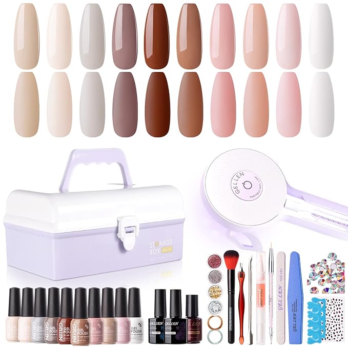 Gellen Gel Nail Polish Kit with U V Light - 10 Colors Gentle Nude Tones Gel Nail Polish Kit with 36W Nail Lamp, Gel Nail Polish Set Starter Kit with Storage Box Soak off Nail Gel Kit Manicure Set