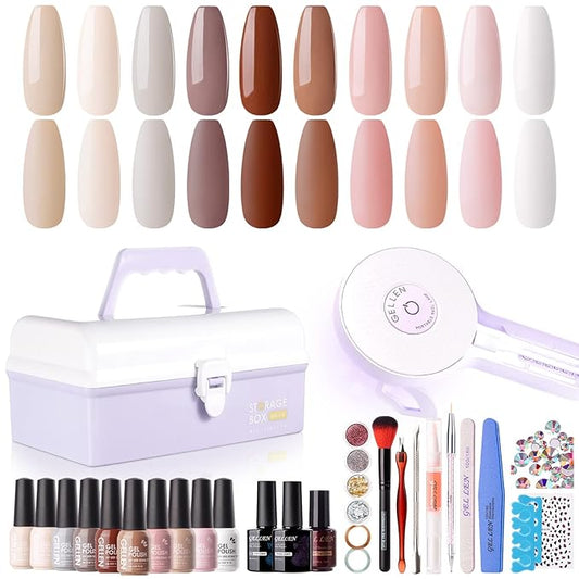 Gellen Gel Nail Polish Kit with U V Light - 10 Colors Gentle Nude Tones Gel Nail Polish Kit with 36W Nail Lamp, Gel Nail Polish Set Starter Kit with Storage Box Soak off Nail Gel Kit Manicure Set