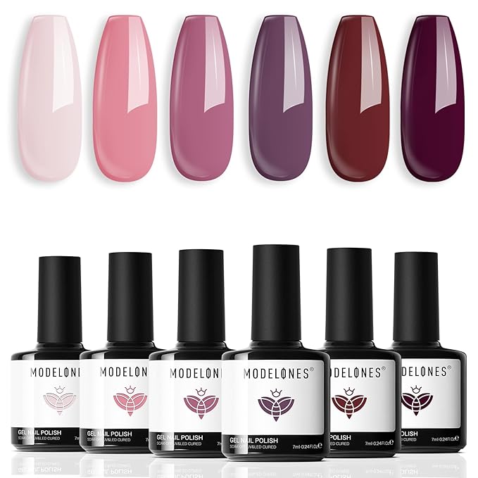 modelones Gel Nail Polish- 6 Colors Pink Brown Burgundy Red Gel Polish Set Peach Pastel Pink Nail Polish Gel Kit Soak Off Manicure Set Nail Art Gift for Women DIY Home Salon