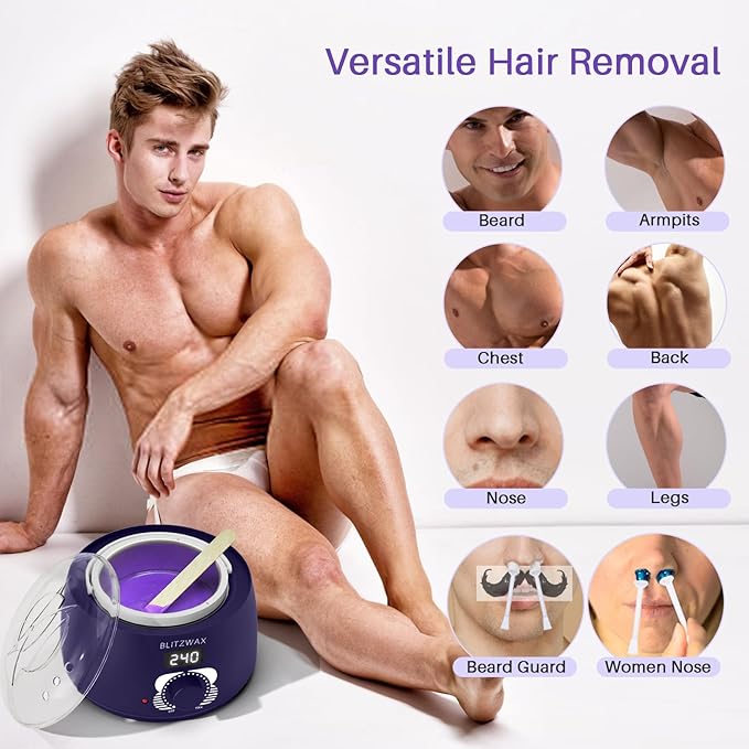 BLITZWAX Brazilian and Bikini Waxing Pot for Men, Hard Wax Warmer for Face, Legs, and Body, At Home Hair Removal Kit, Beginner Friendly, Quick Heating, Precise Temperature Control