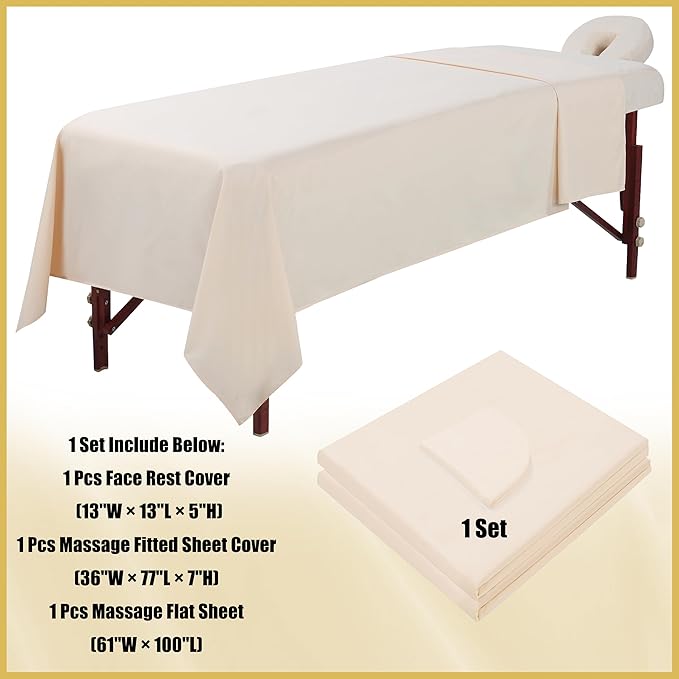 Microfiber Massage Table Sheet Sets 3 Pcs Massage Bed Cover Soft Wrinkle Free Includes Massage Fitted Sheet,Massage Sheets and Face Cradle Cover for SPA Beauty Salon Tattoos (Beige)