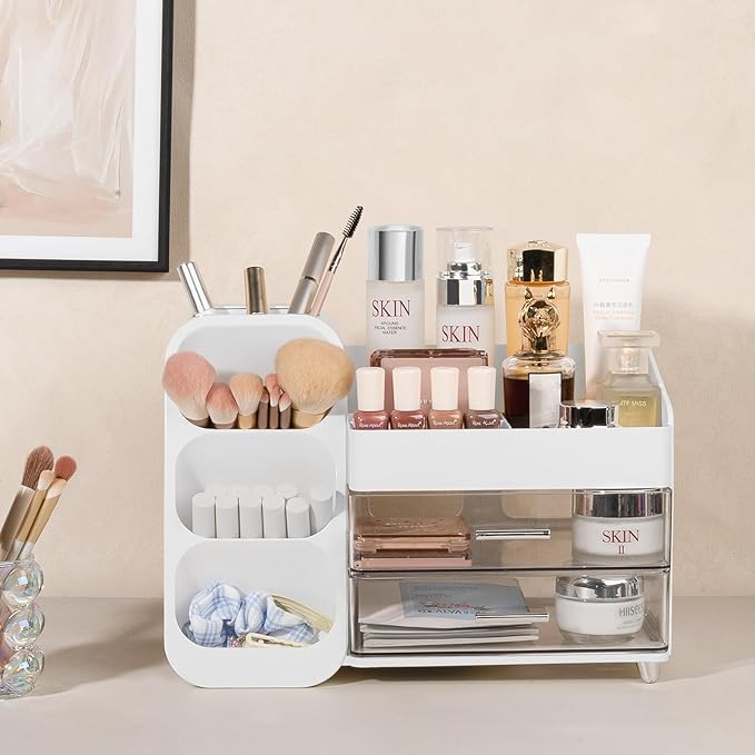 Anyoifax Makeup Organizer with Drawers Vanity Organizer Countertop with Brush Holder Large Perfume Organizer for Dresser Skin Care and Lotion Storage for Nail Polish, Lipsitck, Palettes, White