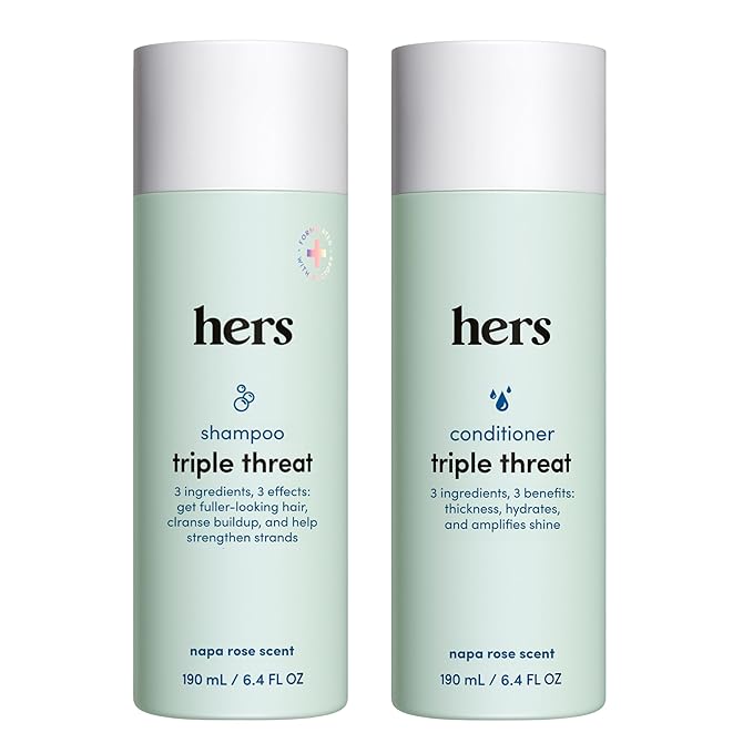 hers Triple Threat Shampoo and Conditioner Set for Women - Thickening, Moisturizing, Reduces Shedding - Color Safe Hair Loss Shampoo and Conditioner - Napa Rose - 2 x 6.4 fl oz