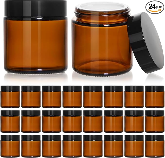 KEYWING 4oz Small Glass Jars with Black Lids, 24 Pack Amber Empty Cosmetic Containers Round Glass Jar with Inner Liners for Lotions, Powders and Ointments