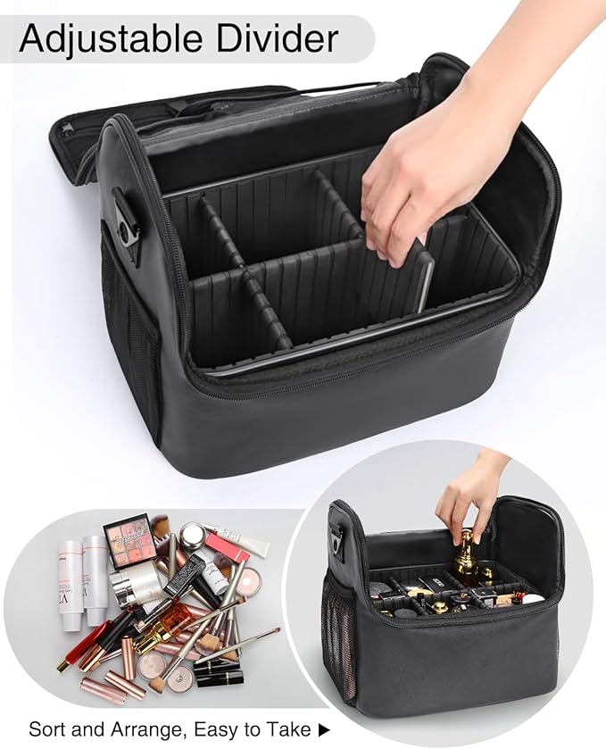 TANTO Makeup Train Case, Large Makeup Bag, Travel Makeup Organizer, Professional Cosmetic Case, Black Leather PU, Adjustable Dividers, Dustproof Design, Waterproof Material, 11.8x9.8x7.8 inches