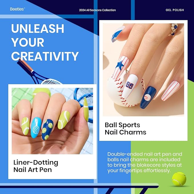 Beetles Summer Gel Polish Set 28Pcs Pink Yellow Green Red Blue Gel Nail Polish Blokecore Collection with Sports Nail Charms Base Top Coat and Double-ended Brush DIY Home Rainbow Nails