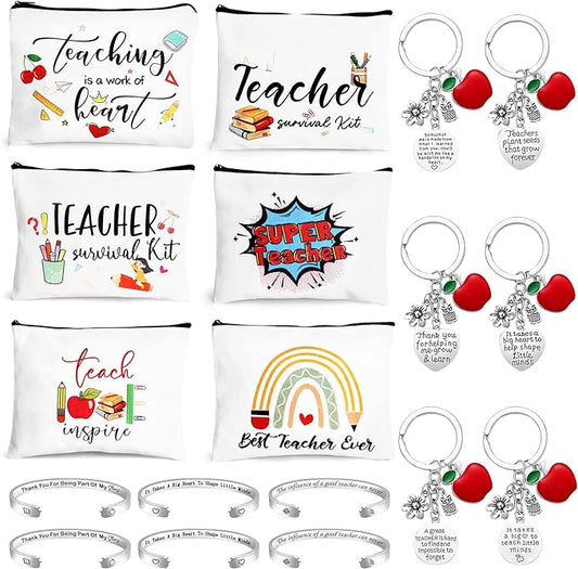 UAREHIBY 18 PCS Teacher Appreciation Gifts in Bulk,6 Styles Makeup Bags for Women,Teacher's Day Keychain,Thank You Teacher Christmas Gifts with Bracelet,Graduation Gift for teacher