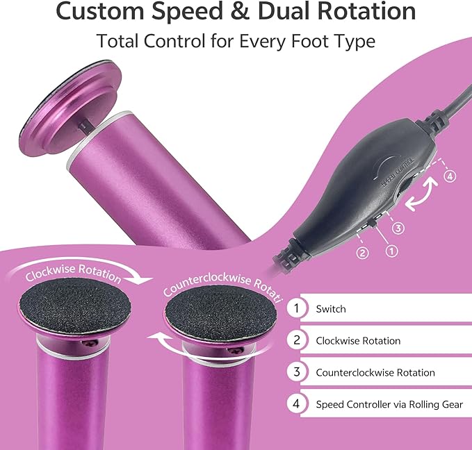 Electric Foot Callus Remover for Feet, Pedicure Tool with 60pcs Replacement Sandpaper Discs, Adjustable Speed Scrubber File Grinder for Dead Skin, Home Spa Salon Use - Pink