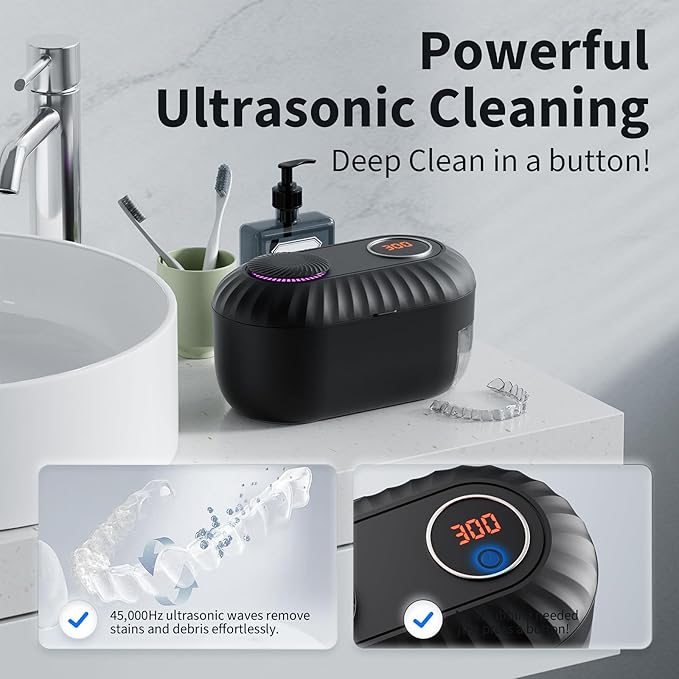 Ultrasonic Retainer Cleaner with Cleaning, Pumping, and Air-Drying Functions, 45kHz Retainer Cleaner Machine, 200ml Denture Cleaner for Dentures, Mouth Guards, Braces, Toothbrush Heads, Jewelry(Black)