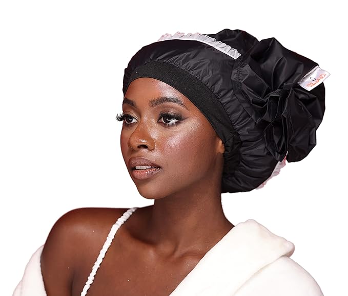Luxury Waterproof Shower Cap - Innovative Open-Ended Design - Black