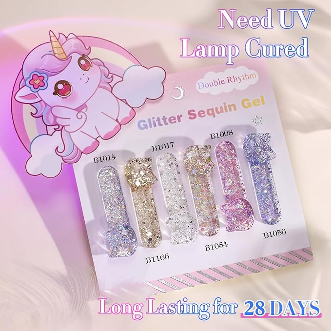 Double Rhythm 0.5 Oz Glitter Gel Polish Set of 6 Color with Display Board 15 ml Full Size Kit Shimmer Reflective Sparkle Soak Off Manicure Salon DIY at Home (Gold Blue Silver Purple Pink-T6-37)