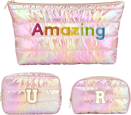 Hiroyuki Iridescent Quilted Makeup Bag, 3pcs Cosmetic Bag Set, Large Capacity Travel-Friendly Pouch (URAmazing, pink)