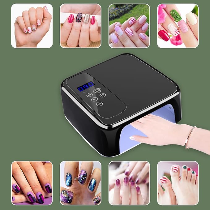 LB UV LED Nail Lamp, Rechargeable LED Nail Dryer, 72W Professional Cordless Nail Lamp with 4 Timer Setting Sensor and LCD Display Portable Home and Salon Gel Nail Art Tools (Black)