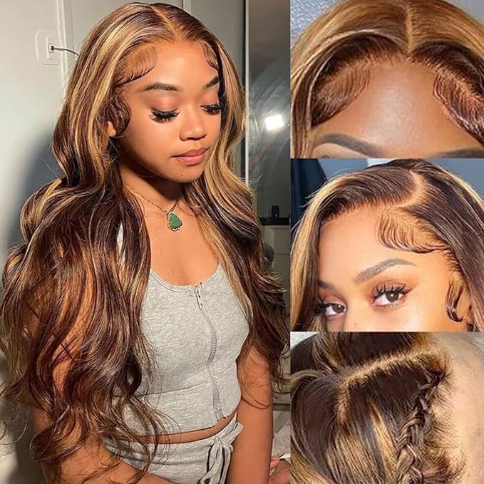 28 Inch Ombre Lace Front Wig Human Hair 180% Density 13x4 P4/27 Highlight Lace Front Wig Human Hair Honey Blonde HD Lace Front Wig Human Hair