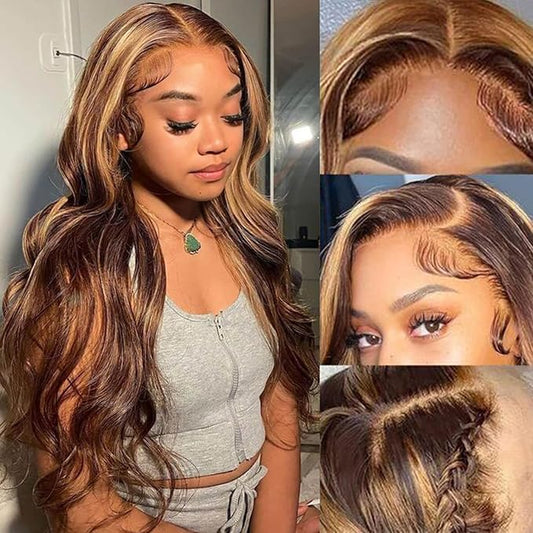 28 Inch Ombre Lace Front Wig Human Hair 180% Density 13x4 P4/27 Highlight Lace Front Wig Human Hair Honey Blonde HD Lace Front Wig Human Hair