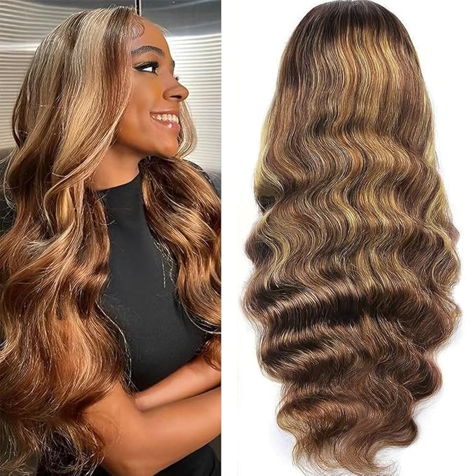 26 Inch Glueless Wigs Human Hair Pre Plucked Pre Cut Wear and Go 5x5 HD Lace Closure Wigs Human Hair Body Wave Wig P4/27 Honey Blonde Ombre Highlight Lace Front Wig Human Hair Wig 180% Density