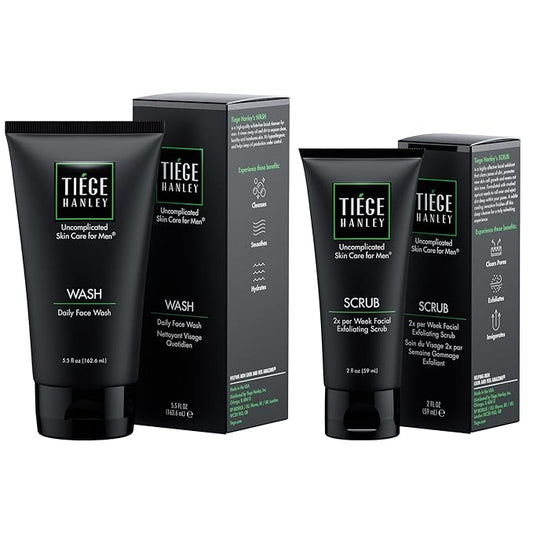Tiege Hanley Daily Face Wash (5.5 oz) & Exfoliating Face Scrub for Men (2 oz) for Oily, Dry & Sensitive Skin | Hydrating, Fragrance-Free Gentle Facial Scrub for Deep Pore Cleansing & Detoxifying